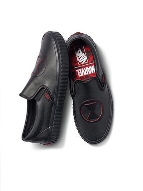 Vans Black Marvel Slip-On Sneakers with Red Trim Detail